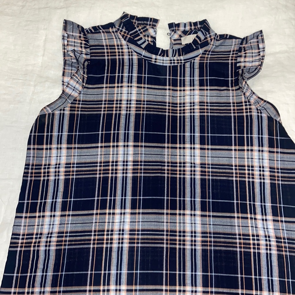 LOFT sleeveless plaid shirt with ruffles